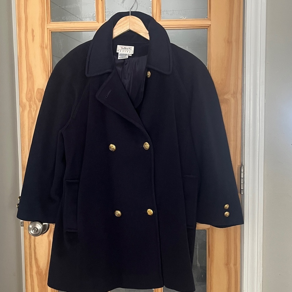 Vintage Talbots Peacoat navy blue gold buttons double breasted sz 12p